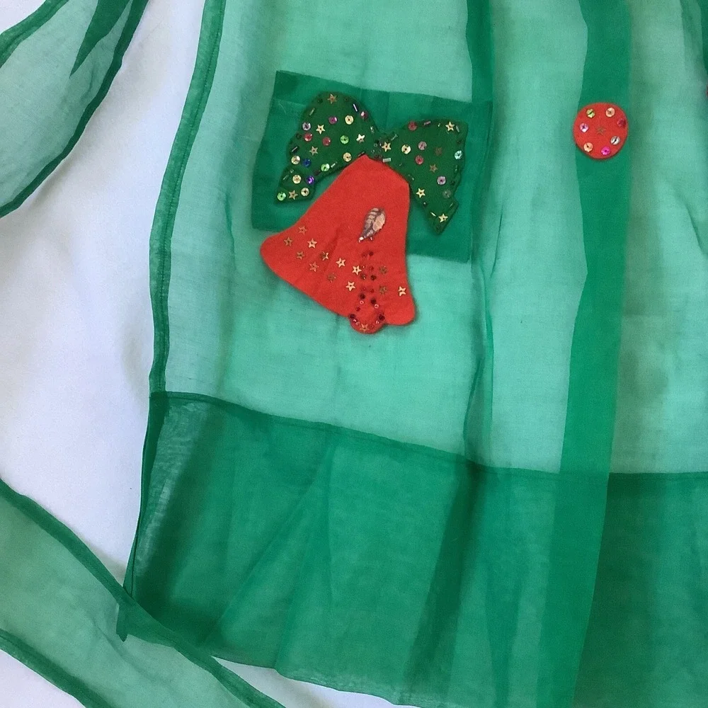 Handmade Christmas Half Apron Green Sheer Bell Pocket Sequins Retro Holiday